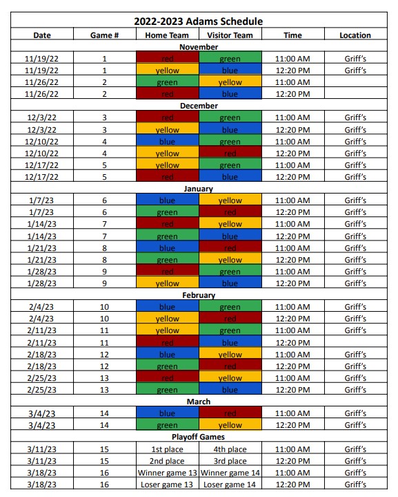 ADAMS DIVISION GAME SCHEDULE